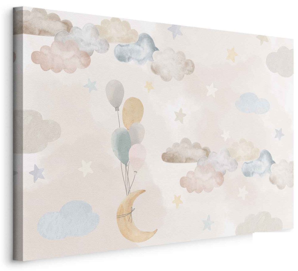 Leinwandbild - Fairy-Tale Moon - Pastel Moon with Balloons Among Colorful Clouds and Stars in Subdued Colors on a Light Background