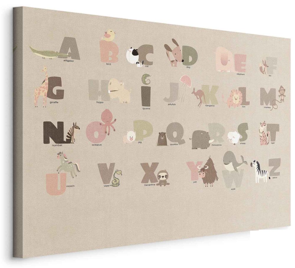 Leinwandbild - Alphabet at the Zoo - Joyful Animals and Their Names on a Beige Background