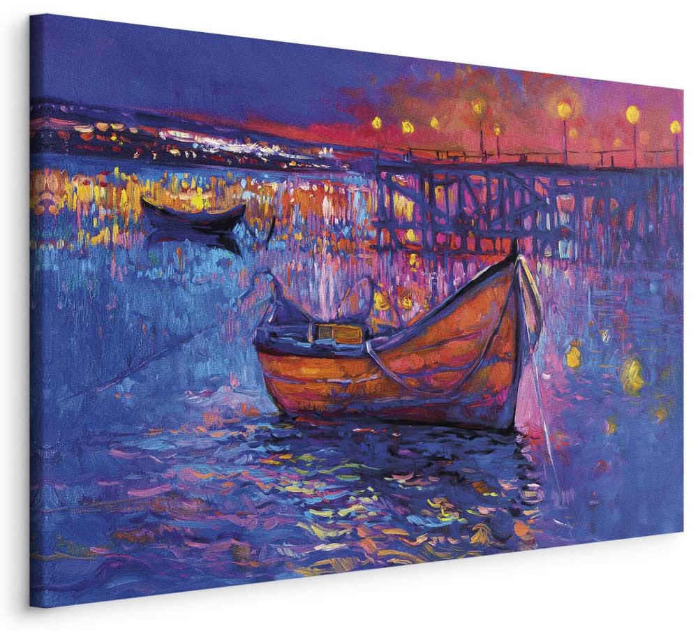 Wandbild XXL - Modern impressionism - night landscape of a lake with a floating boat