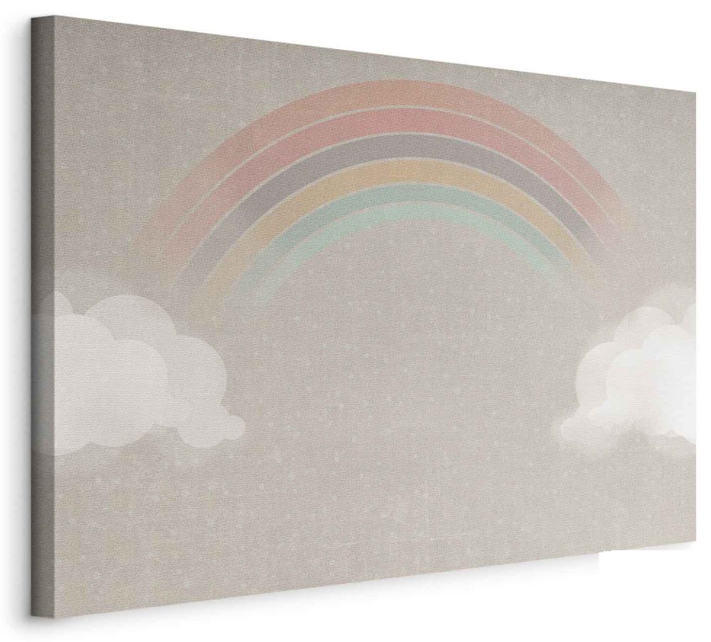 Leinwandbild - Rainy June - Colorful Rainbow Emerging from Clouds on a Bright Background