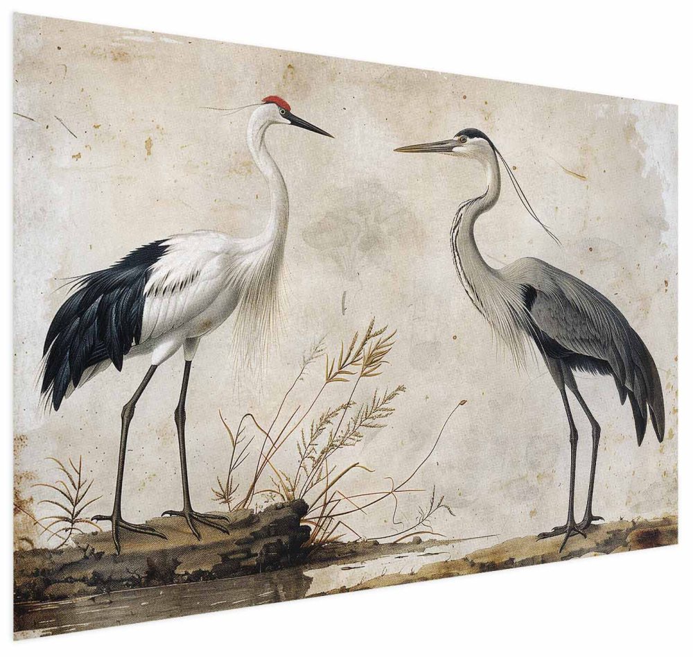 Poster - Birds from an Old Engraving - vintage-style illustration of a heron and a crane