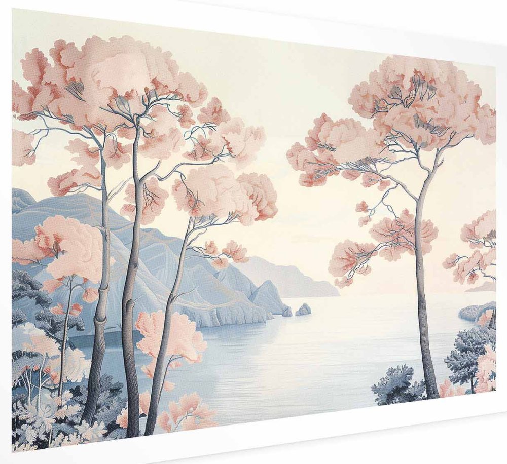 Poster - Ocean Cliffs and Trees; Delicate Motif in Pastel Colors