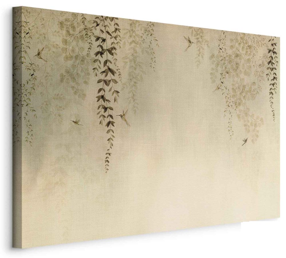 Leinwandbild - Spring Orchard - Hummingbirds Among Tree Branches in Beige Shades