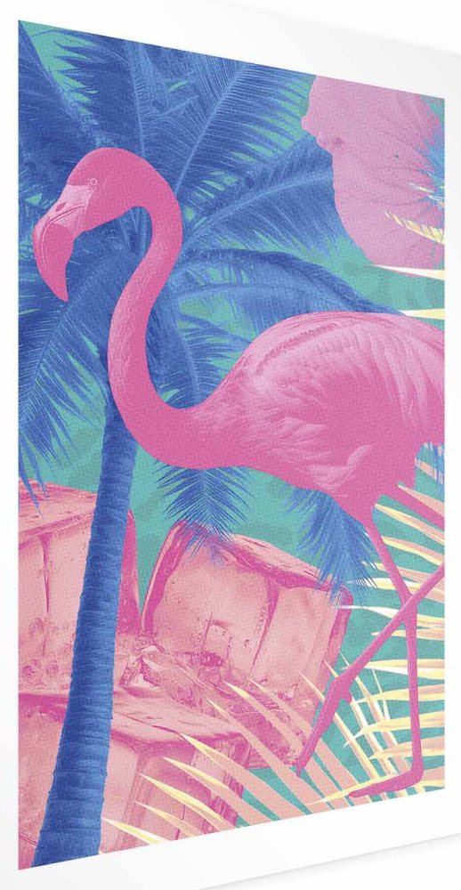 Poster - Pink Flamingo - abstract flamingo against a background of palm trees and ice cubes