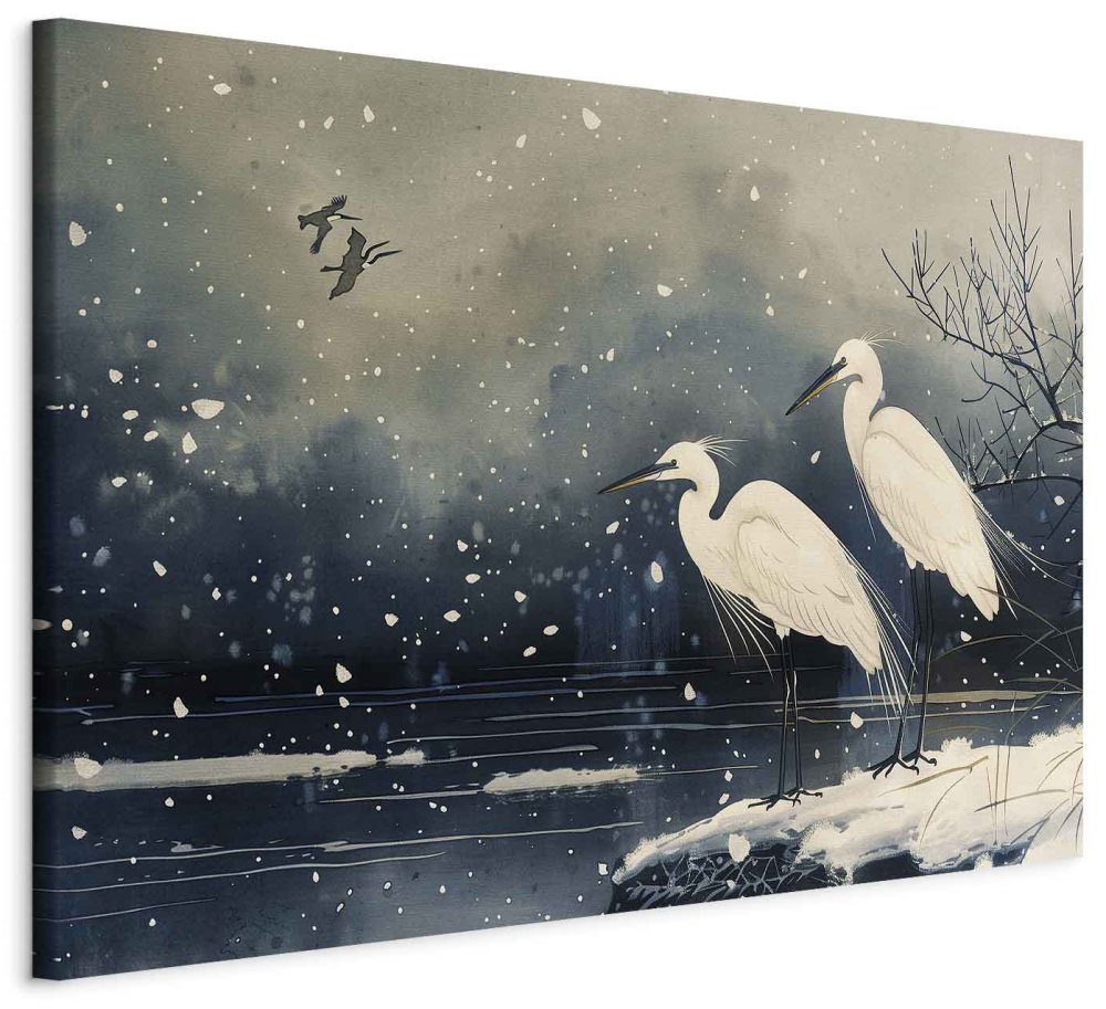Wandbild XXL - Herons over a winter pond - Japanese-style illustration in dark colours