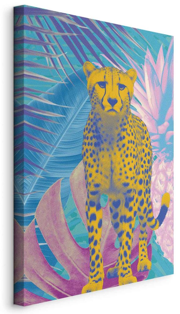 Leinwandbild - Exotic Leopard - Colorful Portrait of a Cheetah Against Tropical Leaves