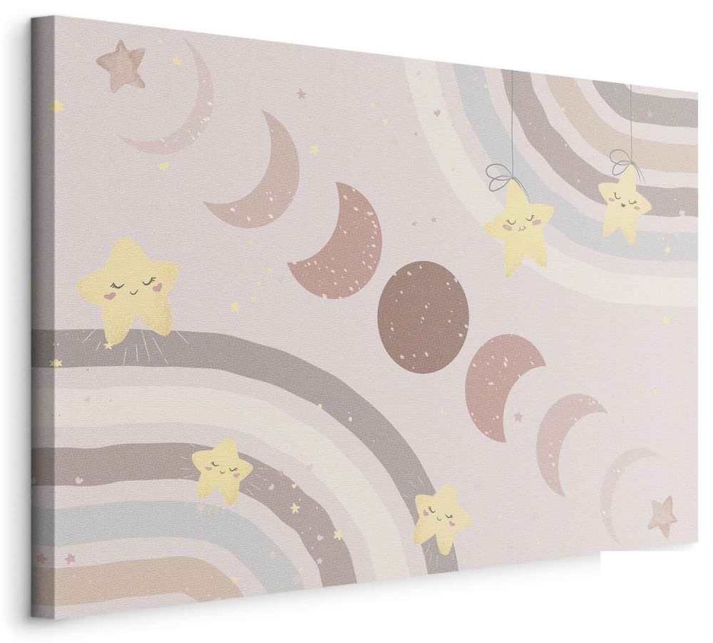 Leinwandbild - Joyful Sky - Yellow Cheerful Stars with a Rainbow Against the Phases of the Moon in a Light Beige Sky Hue