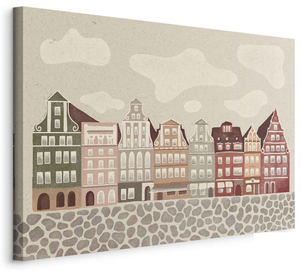 Leinwandbild - Salt Square - Colorful Illustrated Townhouses Against a Cloudy Sky Background