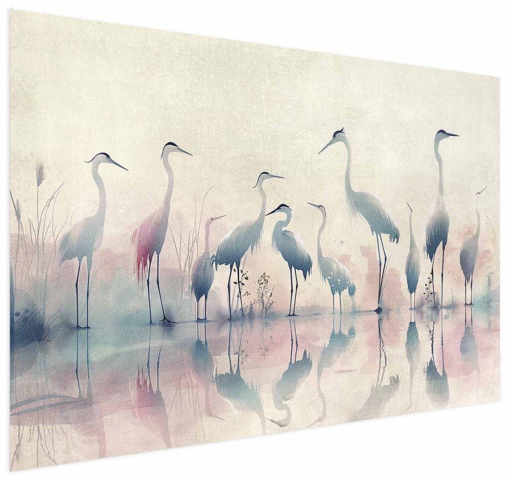 Poster - Birds by the Lake - herons painted in watercolor in a delicate, gray-pink palette