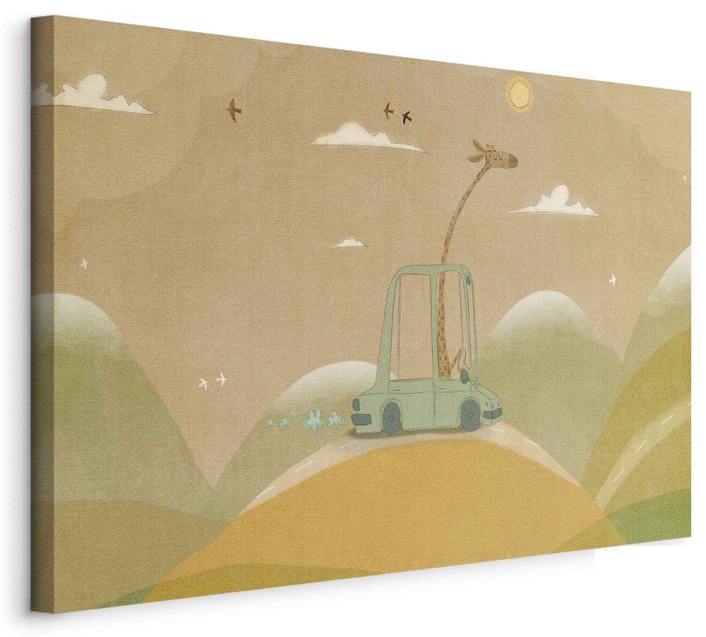 Leinwandbild - Dreamy Traveler - A Cheerful Giraffe Driving a Car on a Sunny Day