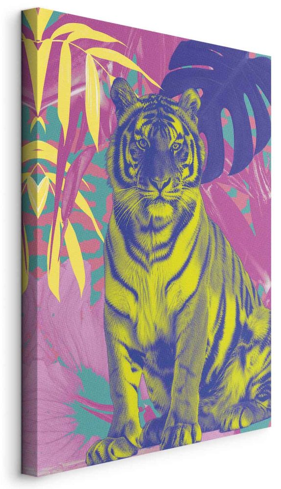Leinwandbild - Colorful Tiger - Intense Colors of a Tiger Surrounded by Tropical Plants