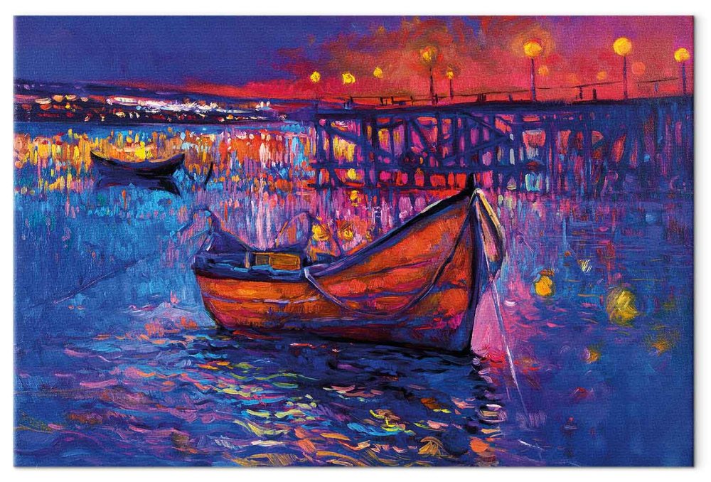 Leinwandbild - Modern impressionism - night landscape of a lake with a floating boat