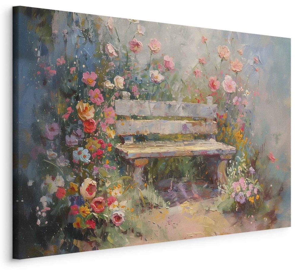 Wandbild XXL - Flowery bench - impressionist painting full of flowers
