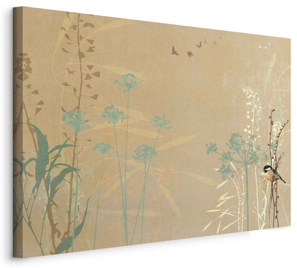 Leinwandbild - Tiny Bird - Colorful Grasses in Golden Shades of Sunset