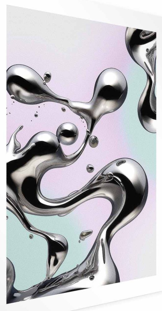 Poster - Metallic Fluidity - abstract silver forms on a mint-purple background