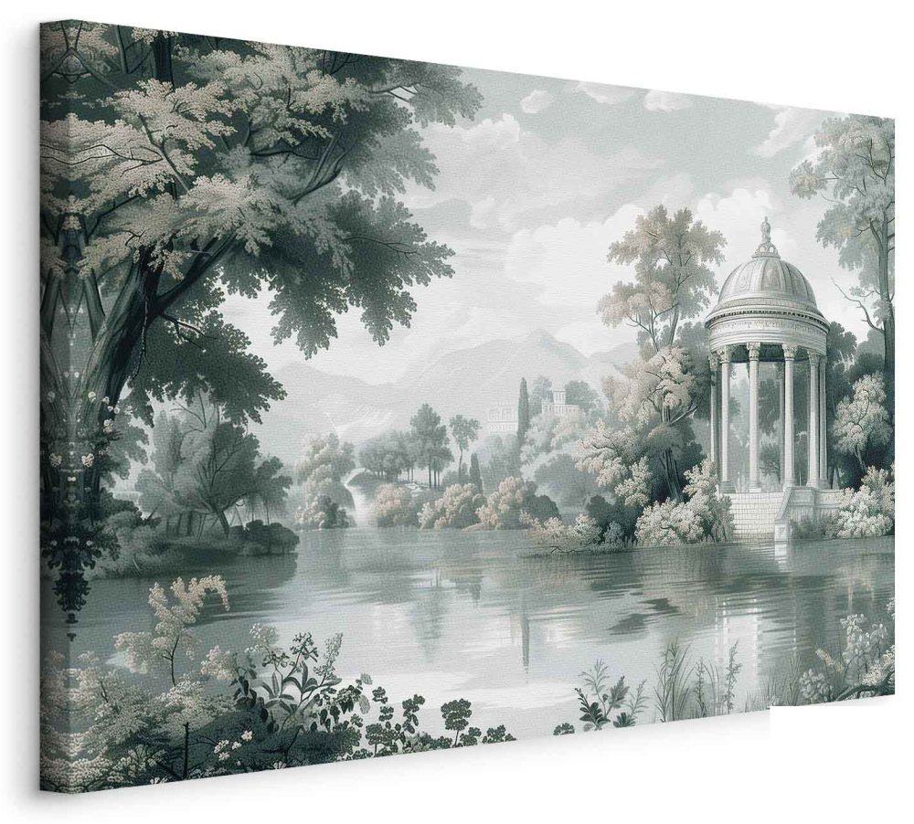 Leinwandbild - View of the Park and Lake Retro Vintage Landscape in Greens
