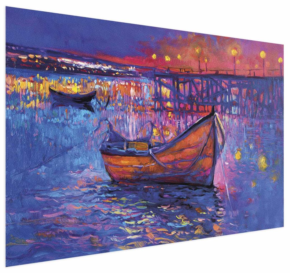 Poster - Modern impressionism - night landscape of a lake with a floating boat