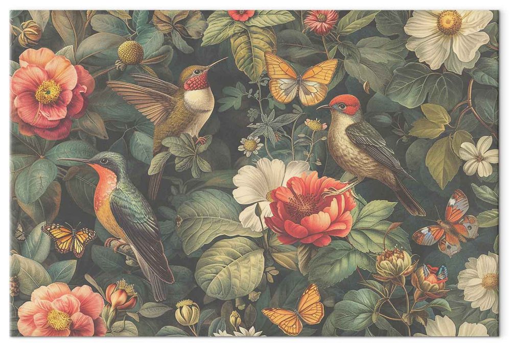 Leinwandbild - Flowers, birds and butterflies – vintage-style illustration