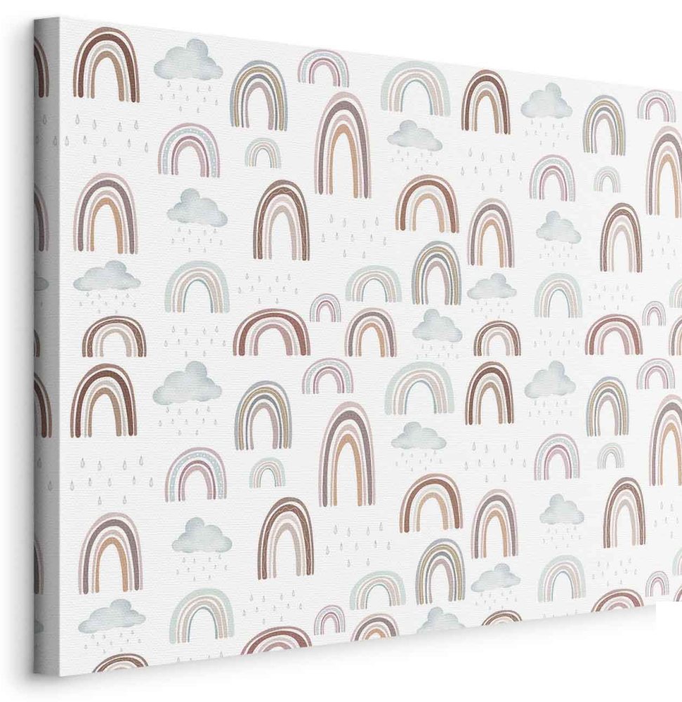 Leinwandbild - Rainbows After the Storm - Rainbows of Various Sizes in Pastel Hues Among Rain Clouds in a Gray-Blue Shade