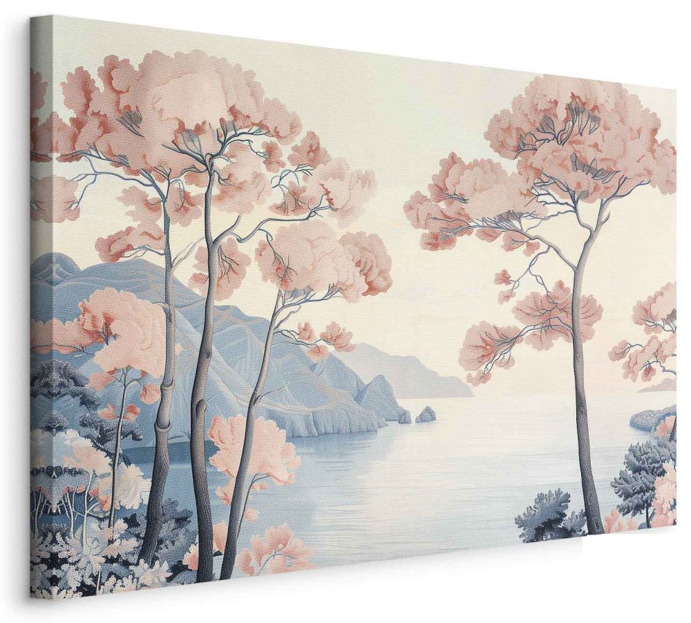 Leinwandbild - Landscape with the Ocean Cliffs and Trees in Delicate Pink Shades
