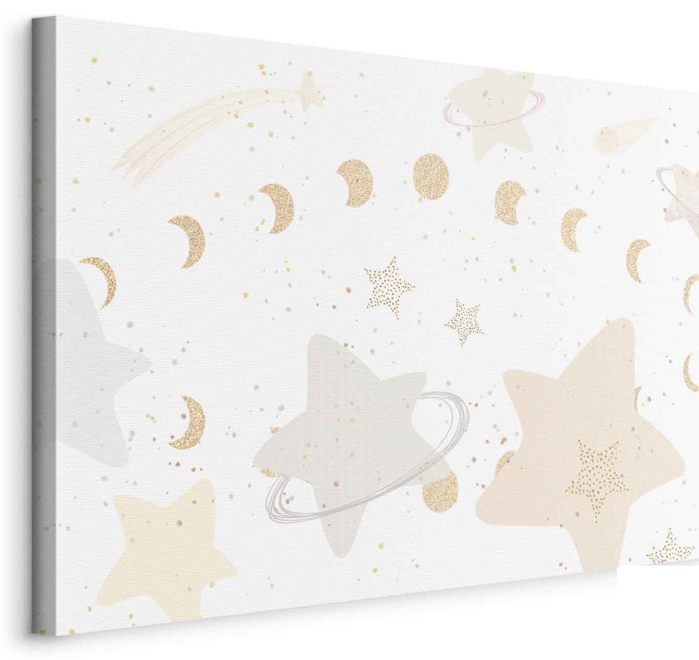 Leinwandbild - Fairy-Tale Galaxy - Phases of the Moon in Yellow Tones Among Stars in Beige and Ash Colors with Stardust