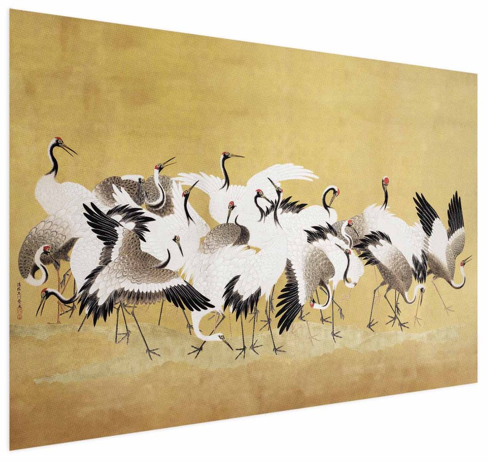 Poster - Japanese Cranes - a flock of birds against a golden background based on the painting of Ishida Yūtei