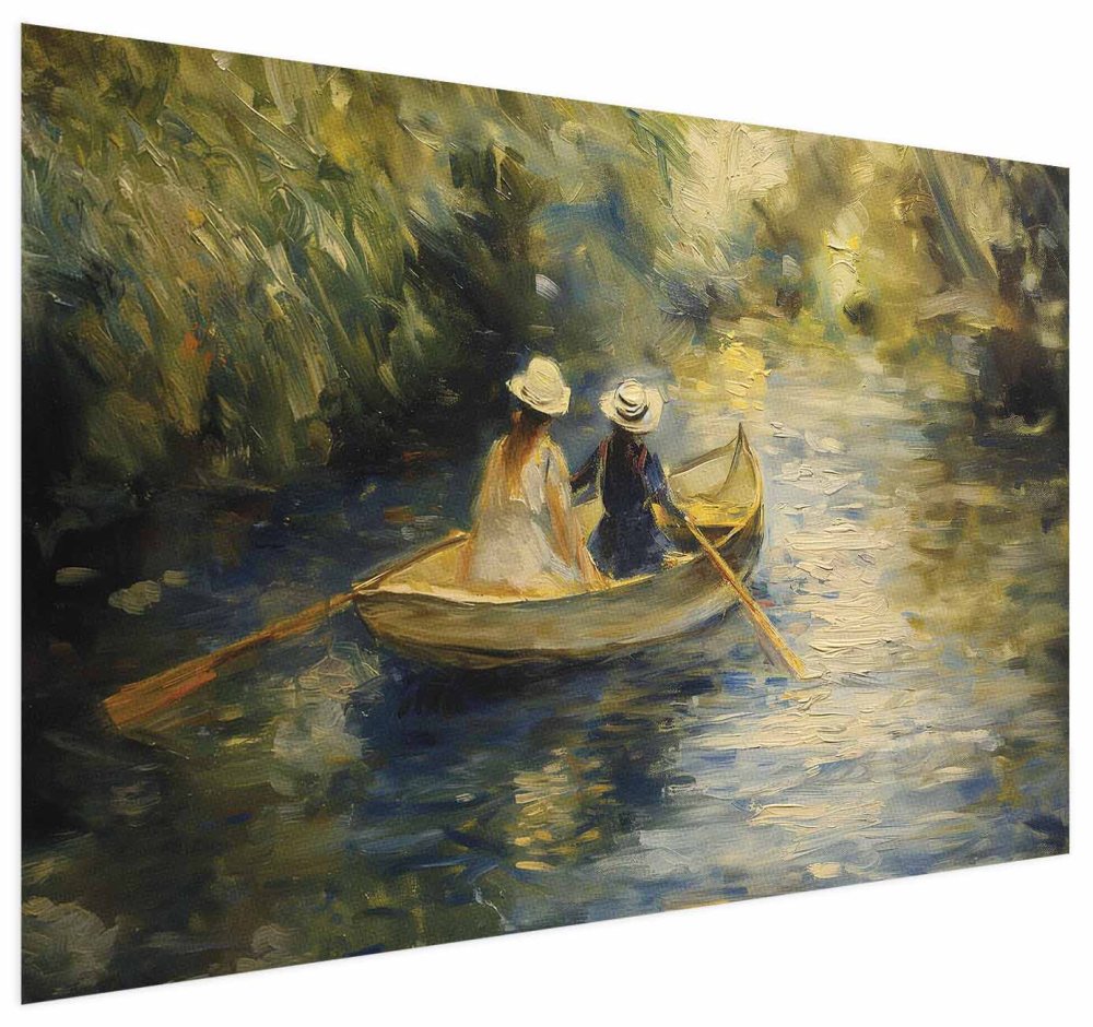Poster - Boat crossing - painting of two women sailing a boat on a river