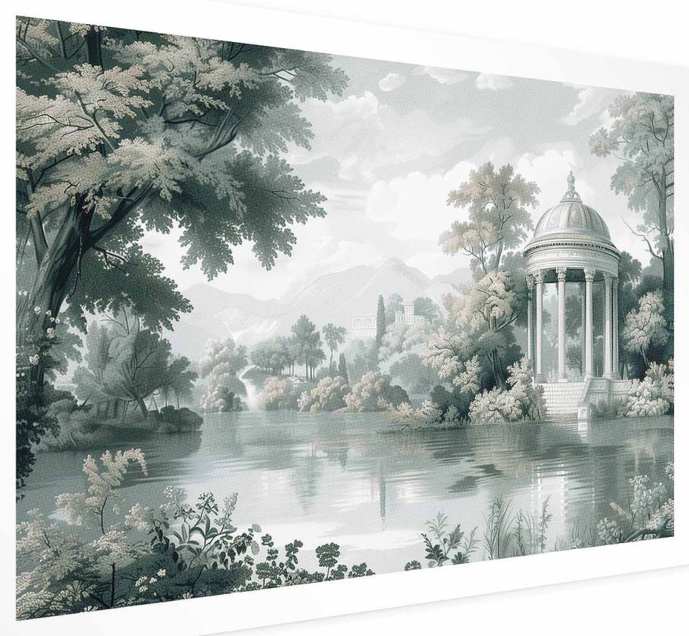 Poster - Landscape with a Park and Lake in Retro Greens