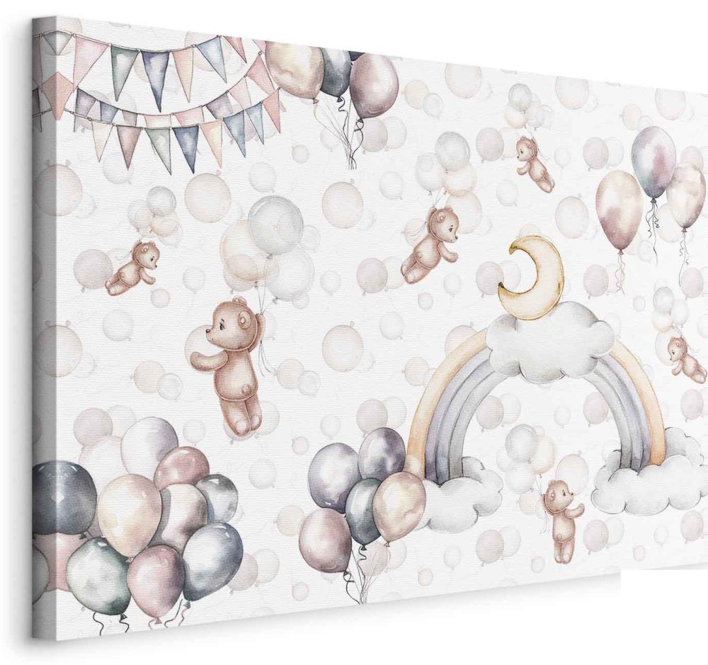 Leinwandbild - Toy Bears with Balloons - Flying Plush Bears Among Balloons Clouds and Rainbows in Subtle Pastel Hues