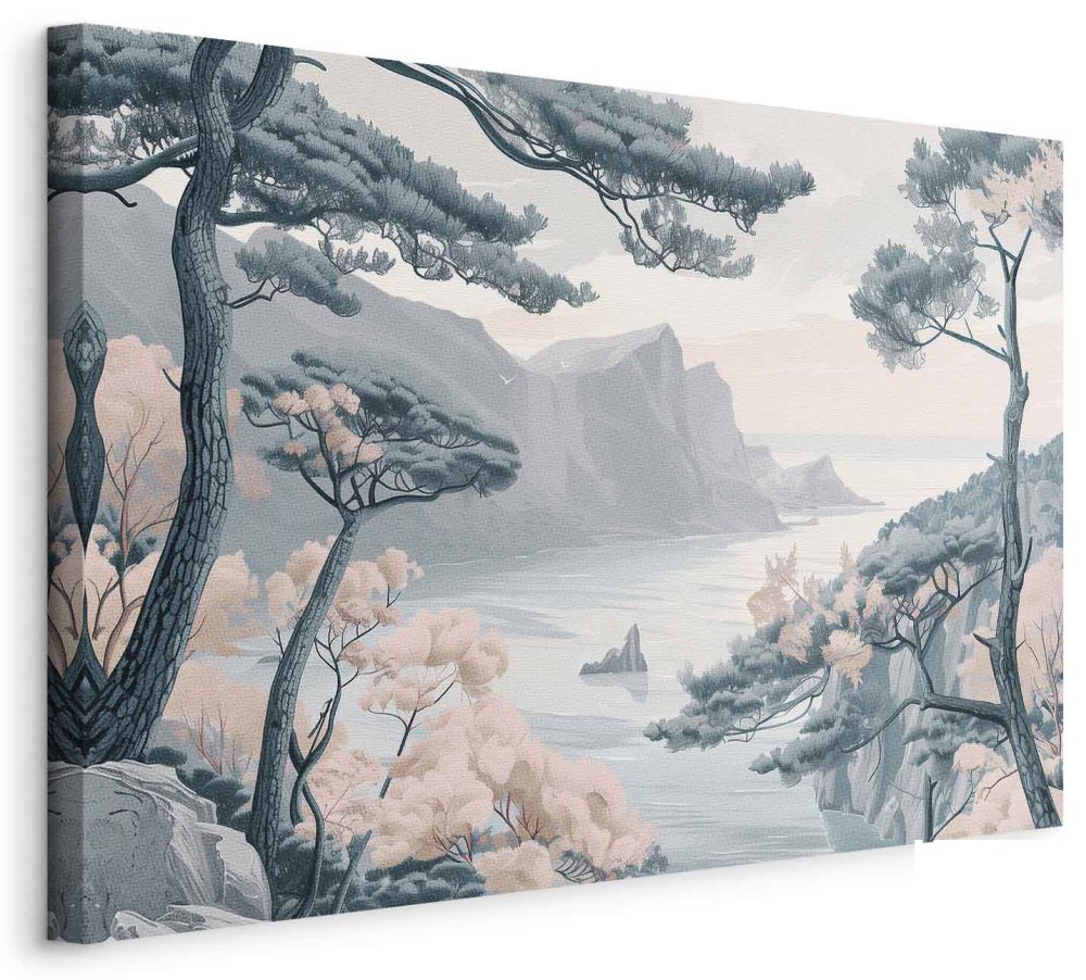 Leinwandbild - Mountainous Coast with Trees and Rocks in Light Pastel Blues