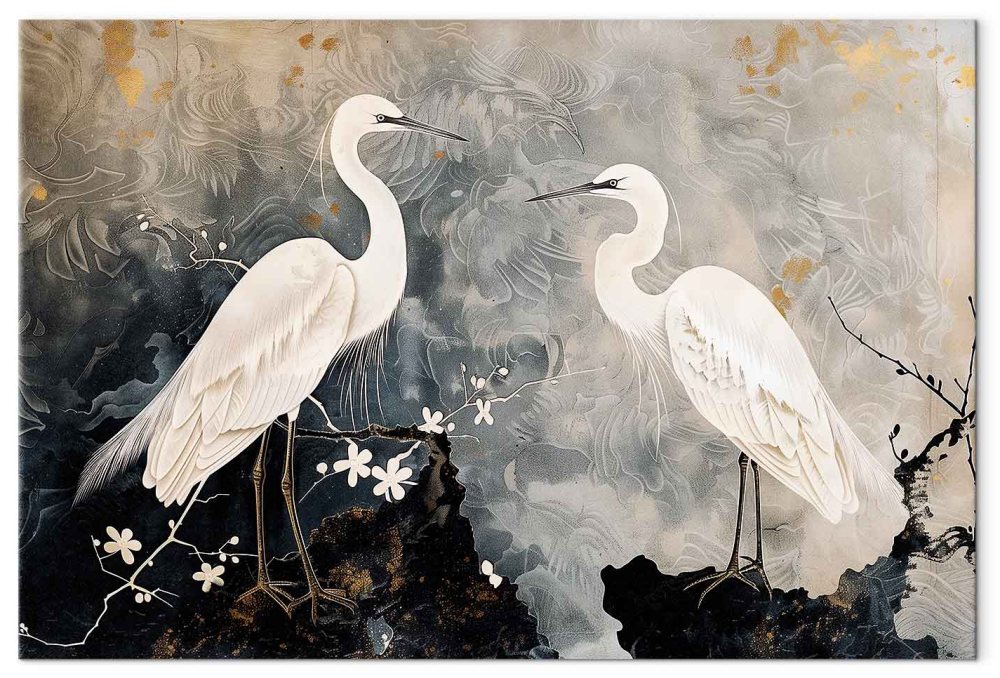 Leinwandbild - Herons and cherry blossoms - oriental-style illustration depicting birds