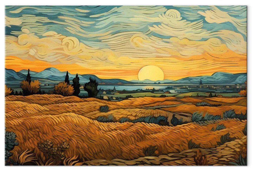 Leinwandbild - Impressionistic fields - painted golden landscape with fields of grain