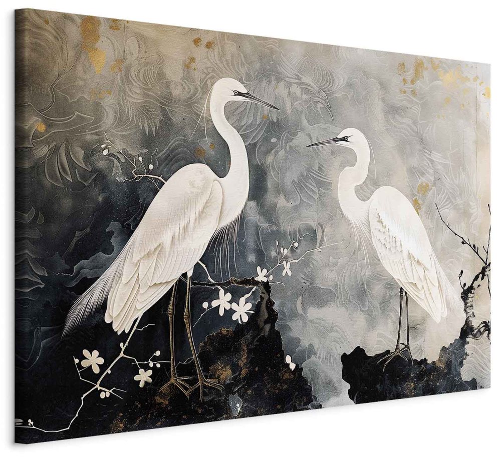 Wandbild XXL - Herons and cherry blossoms - oriental-style illustration depicting birds