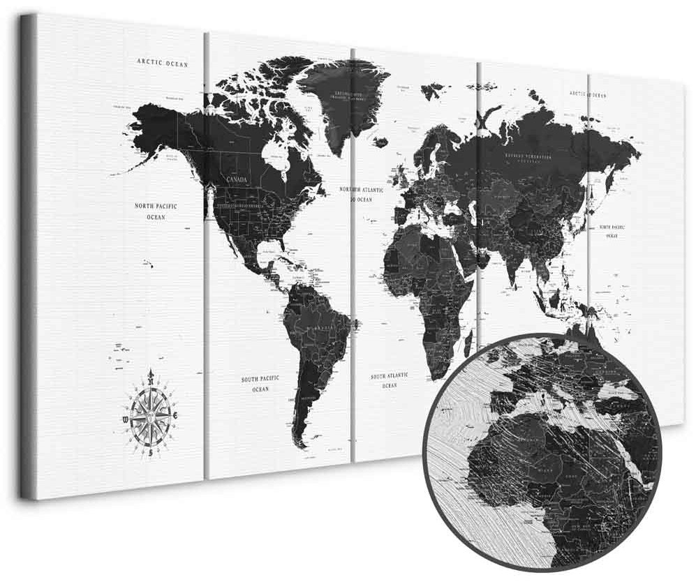 Leinwandbild - Black and White Map (5 Parts) Narrow