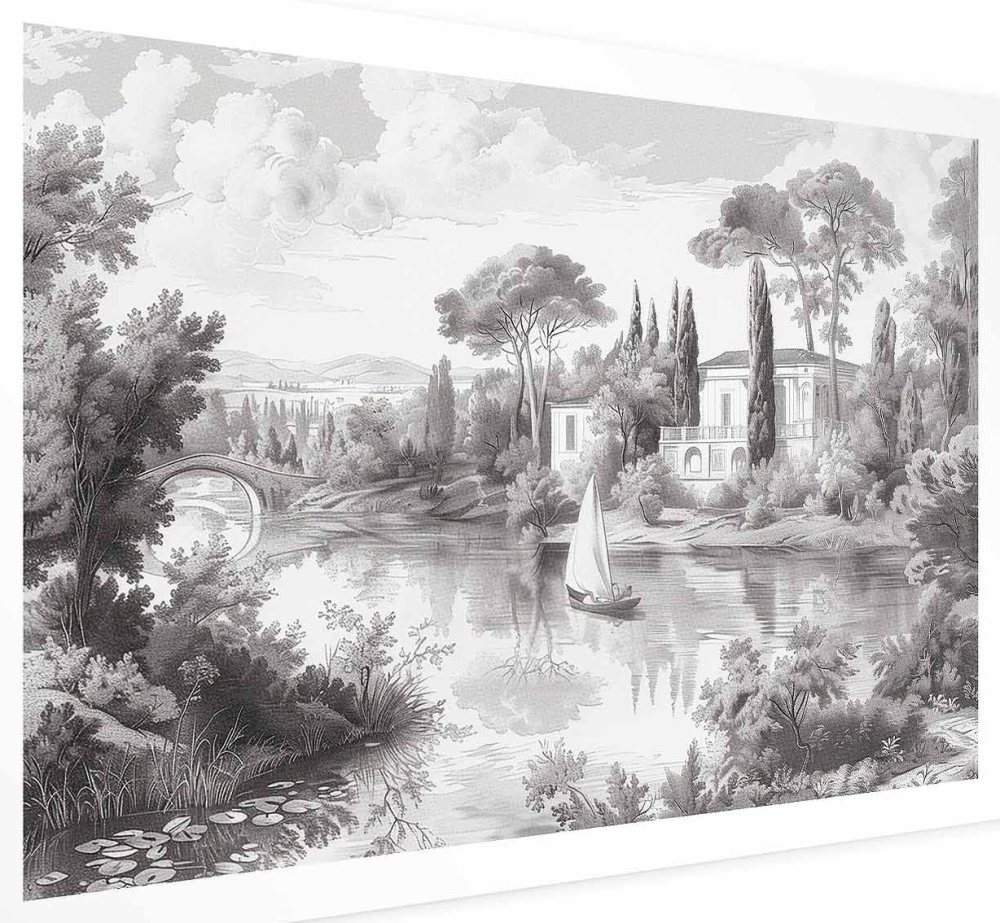 Poster - Black-and-White Vintage Landscape with a Pond