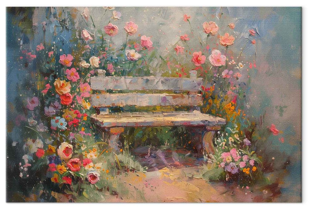 Leinwandbild - Flowery bench - impressionist painting full of flowers