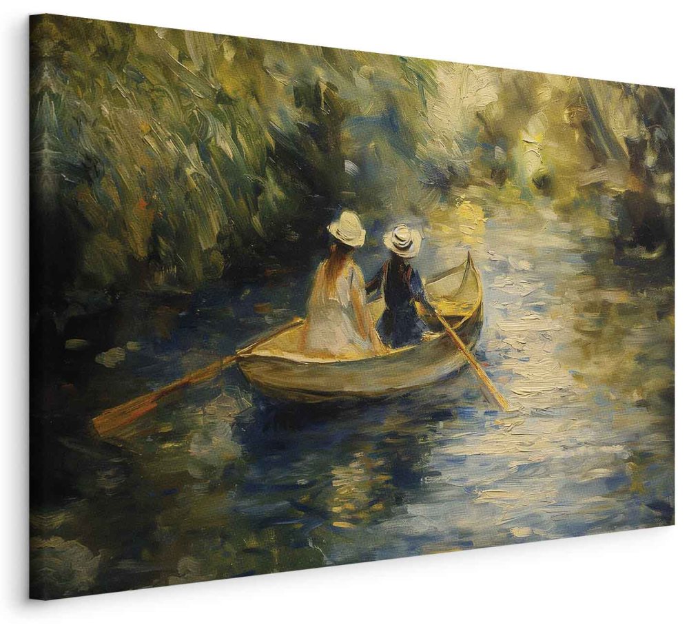 Wandbild XXL - Boat crossing - painting of two women sailing a boat on a river