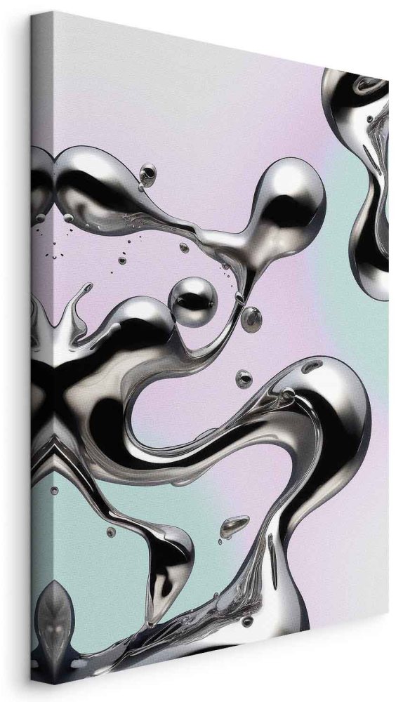 Leinwandbild - Metallic Fluidity - Abstract Silver Forms on a Mint-Purple Background