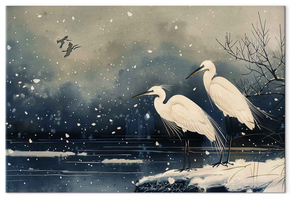 Leinwandbild - Herons over a winter pond - Japanese-style illustration in dark colours