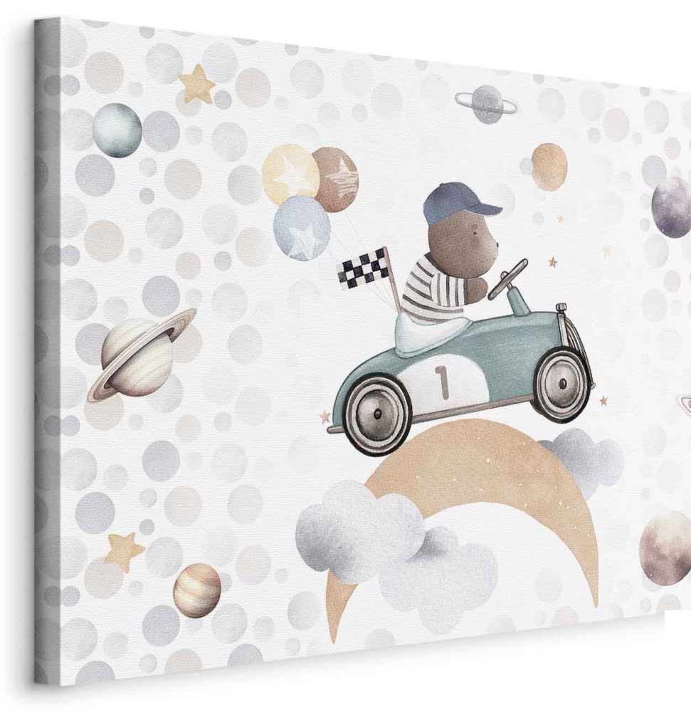 Leinwandbild - Galactic Races - A Bear Participating in Car Races Among Planets Clouds and Stars in Pastel Hues