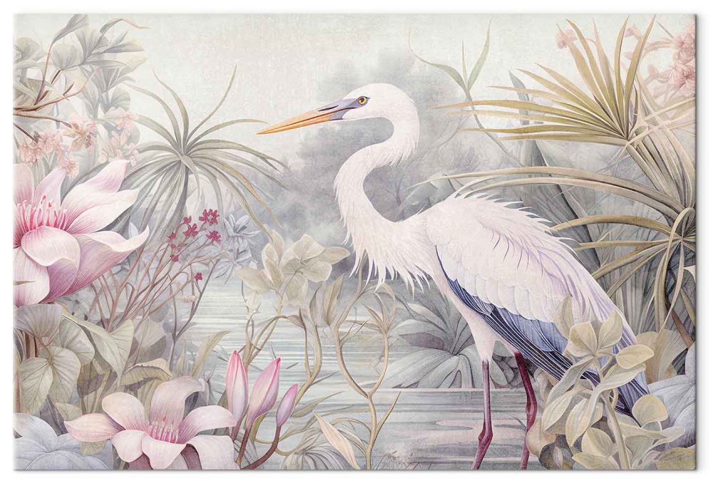 Leinwandbild - Heron wading in a pond - illustration in bright colours