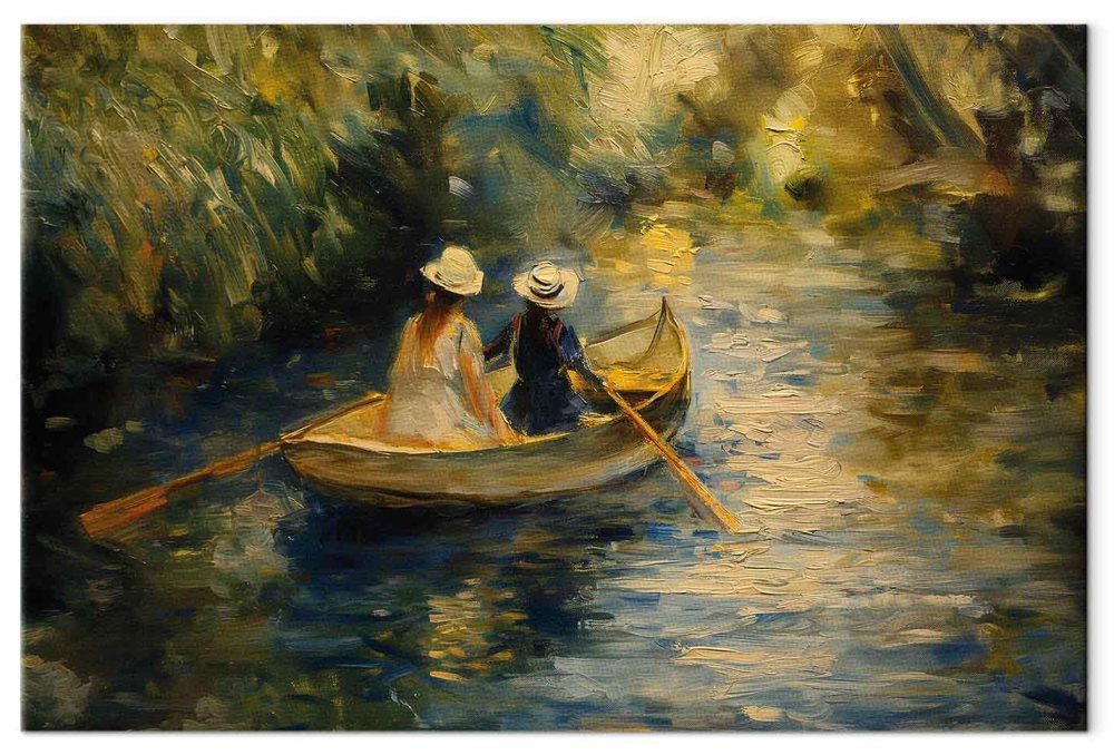 Leinwandbild - Boat crossing - painting of two women sailing a boat on a river