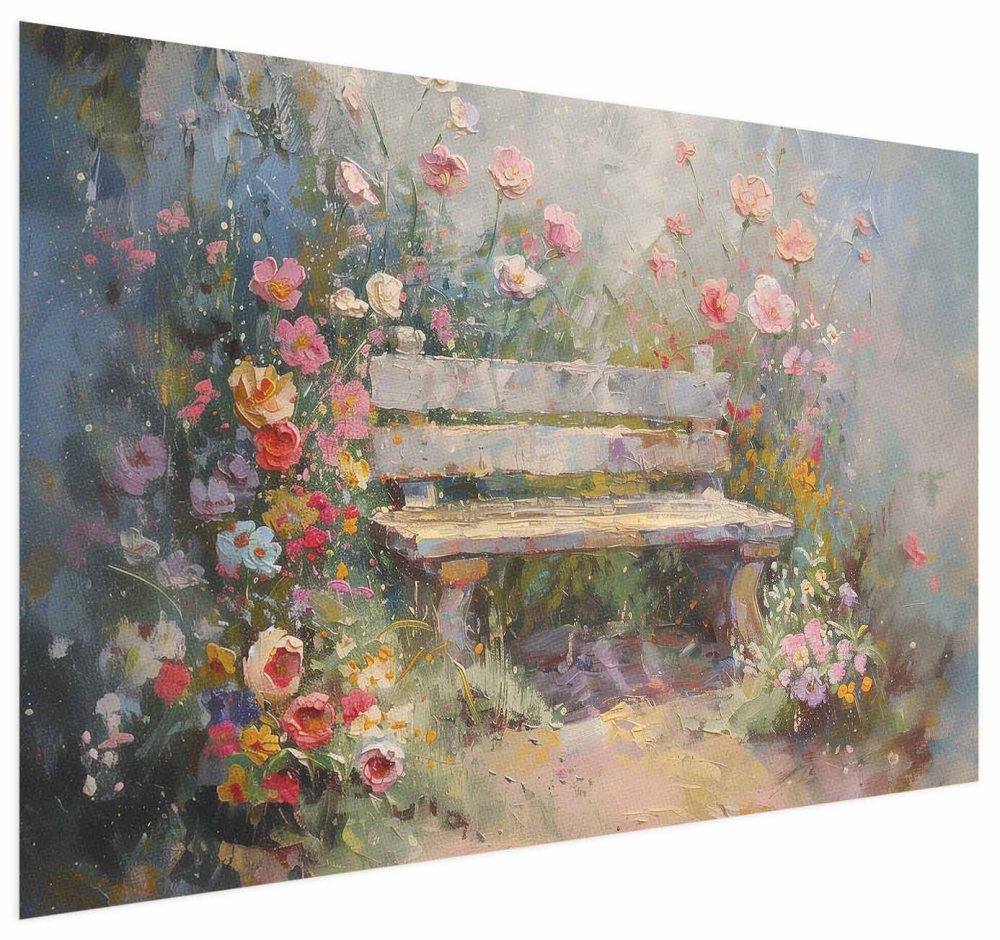 Poster - Flowery bench - impressionist painting full of flowers